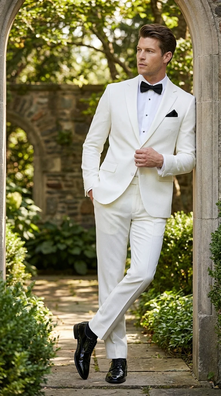 Mens White Wedding Tuxedo Suit – Formal Groom Suit Set Classic Dinner Jacket + White Tuxedo Shirt + Black Bow Tie - Image 12