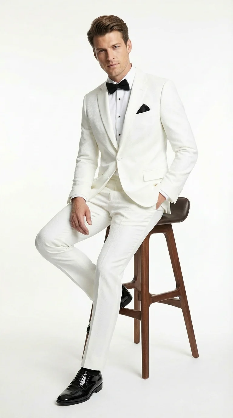 Mens White Wedding Tuxedo Suit – Formal Groom Suit Set Classic Dinner Jacket + White Tuxedo Shirt + Black Bow Tie - Image 13