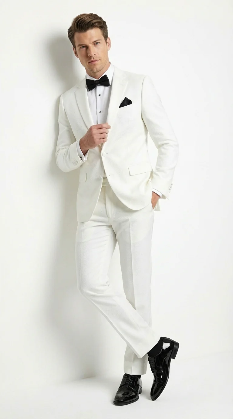 Mens White Wedding Tuxedo Suit – Formal Groom Suit Set Classic Dinner Jacket + White Tuxedo Shirt + Black Bow Tie - Image 3