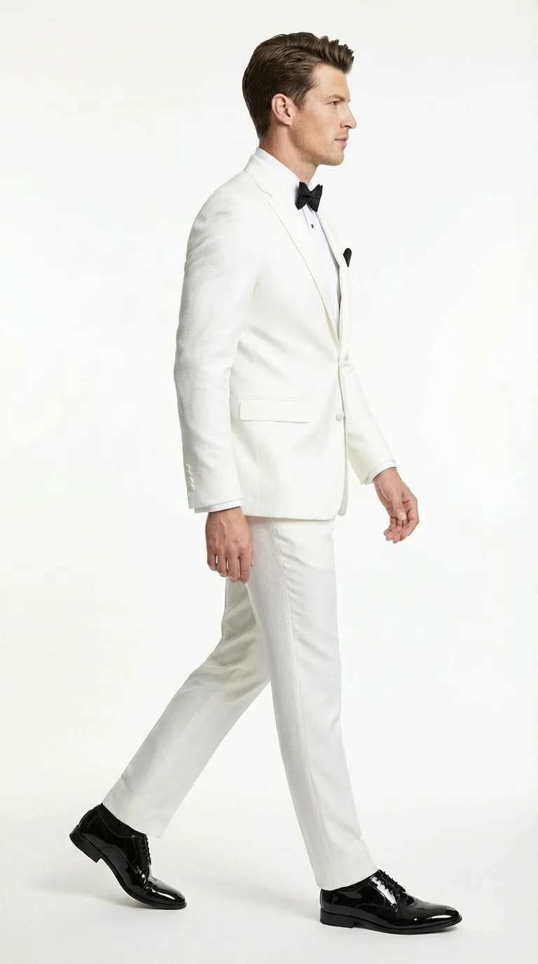 Mens White Wedding Tuxedo Suit – Formal Groom Suit Set Classic Dinner Jacket + White Tuxedo Shirt + Black Bow Tie - Image 4