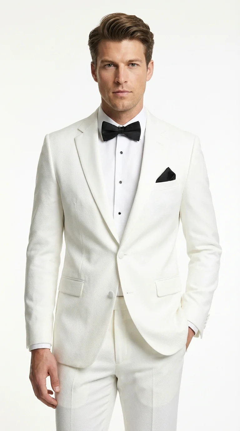 Mens White Wedding Tuxedo Suit – Formal Groom Suit Set Classic Dinner Jacket + White Tuxedo Shirt + Black Bow Tie - Image 5