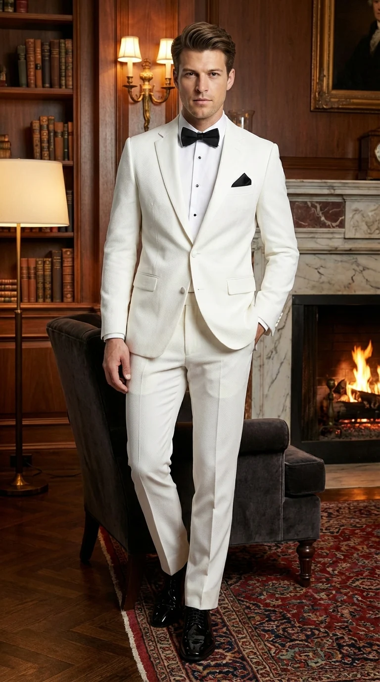 Mens White Wedding Tuxedo Suit – Formal Groom Suit Set Classic Dinner Jacket + White Tuxedo Shirt + Black Bow Tie - Image 9