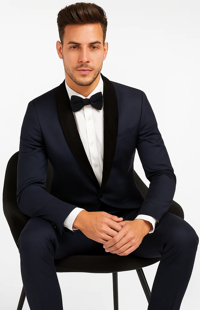 Men's Wool Fabric Navy Blue With Black Velvet Fabric velour Men's blazer Jacket Sport Coat Tuxedo Looking! - Image 4