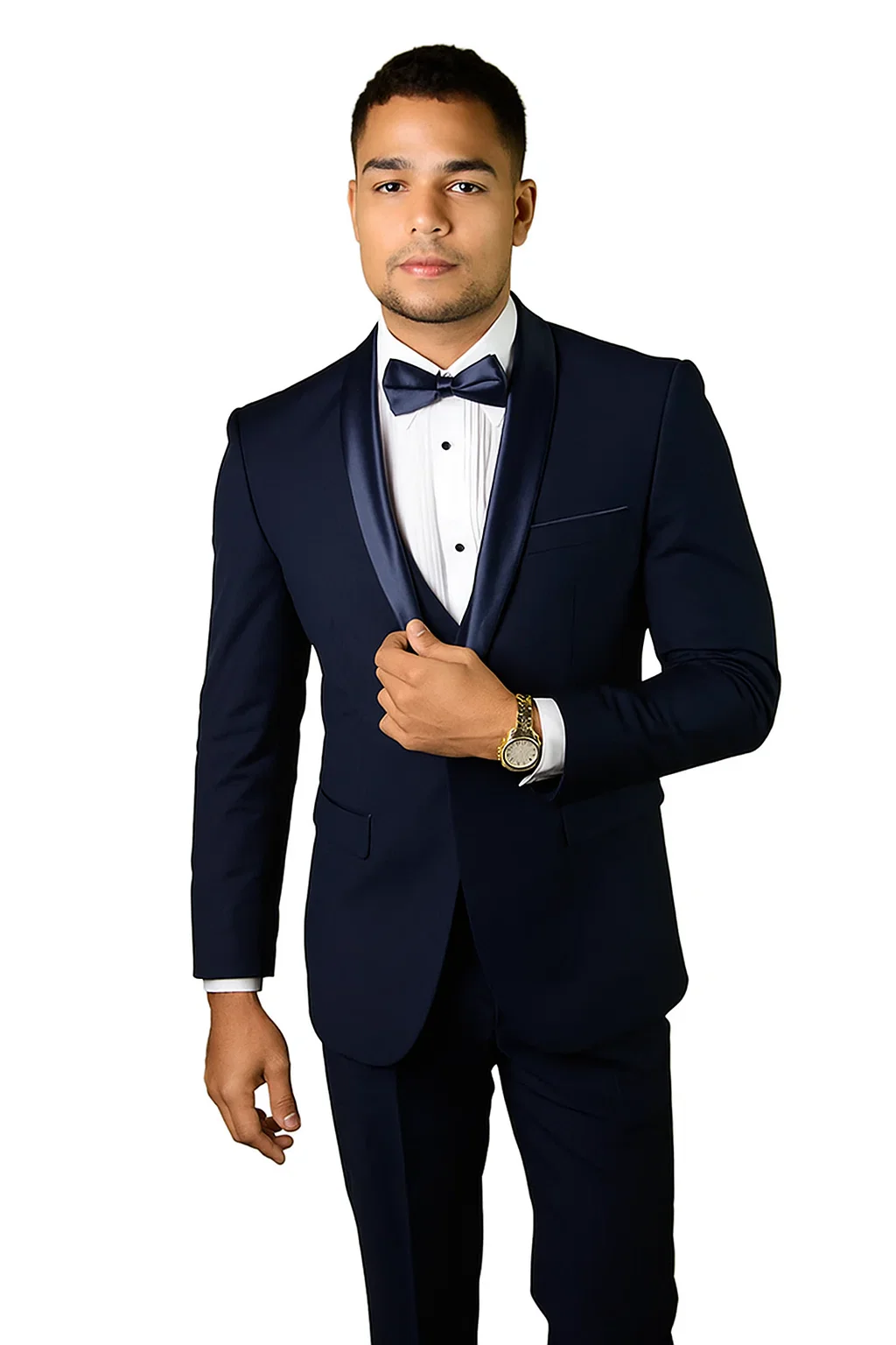 Mens Wool One Button Modern Fit Shawl Prom Tuxedo in Navy - Image 3