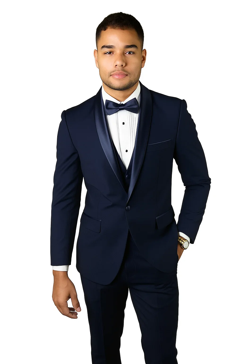 Mens Wool One Button Modern Fit Shawl Prom Tuxedo in Navy - Image 4