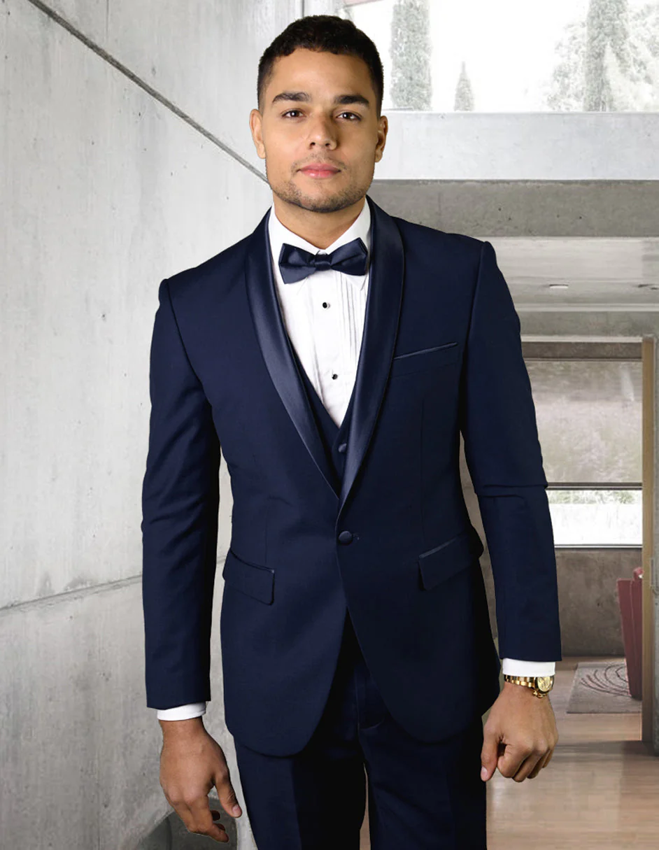 Mens Wool One Button Modern Fit Shawl Prom Tuxedo in Navy - Image 5
