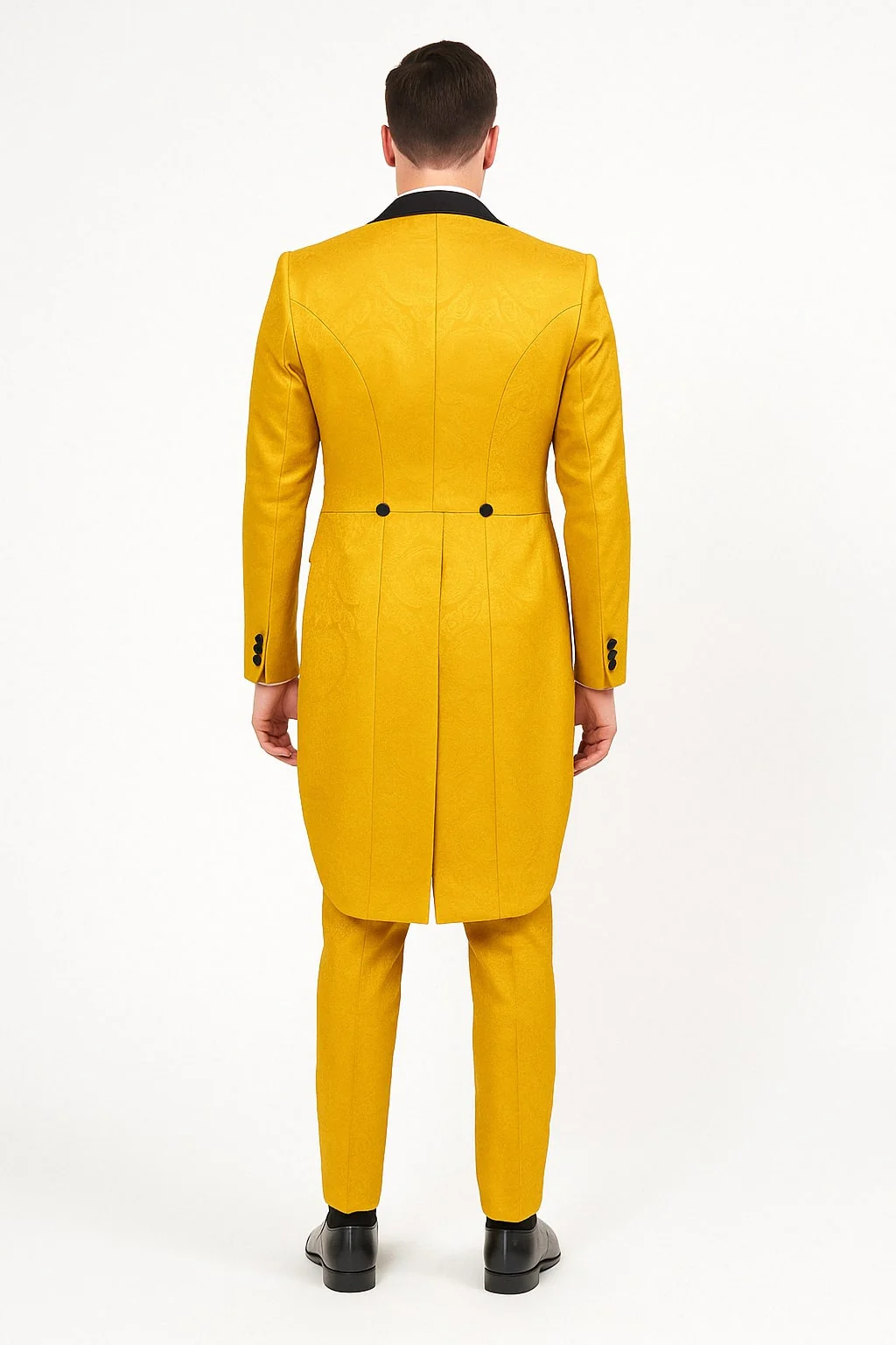 Mens Yellow Tailcoat Tuxedo with Black Lapel and Brocade Detailing – Formal Vintage Style Suit - Image 2