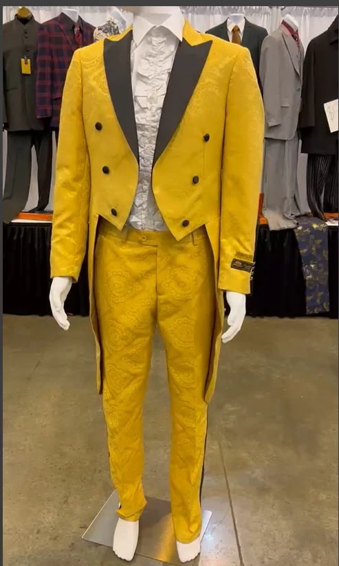 Mens Yellow Tailcoat Tuxedo with Black Lapel and Brocade Detailing – Formal Vintage Style Suit - Image 4