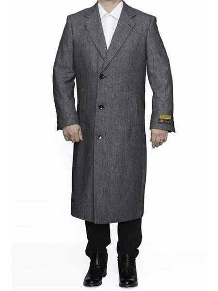 Men's Dress Coat Three Button Full Length Herringbone Gray Overcoat ~ Long Men's Dress Topcoat - Winter coat