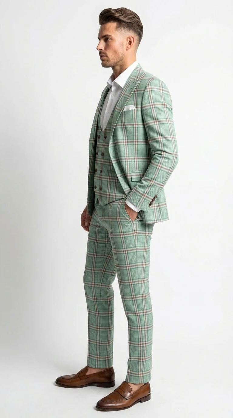 Mint Green Plaid Three Piece Suit for Men | Classic Checkered Formal Suit with Jacket Vest and Pants By Rossiman - Image 3