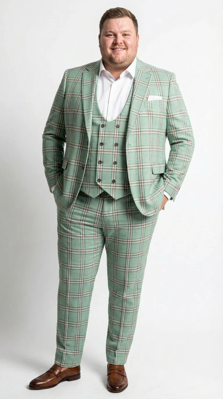 Mint Green Plaid Three Piece Suit for Men | Classic Checkered Formal Suit with Jacket Vest and Pants By Rossiman - Image 9