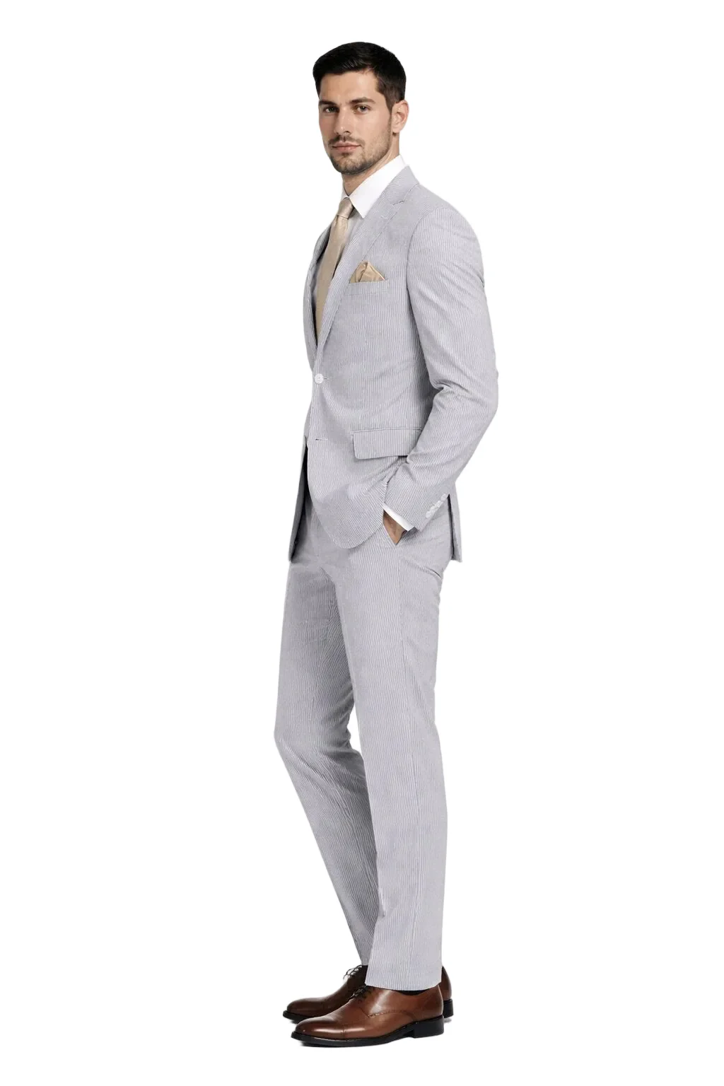 Modern Fit Summer 2 Piece 2 Button Suit Striped Seersucker in Navy - Image 27