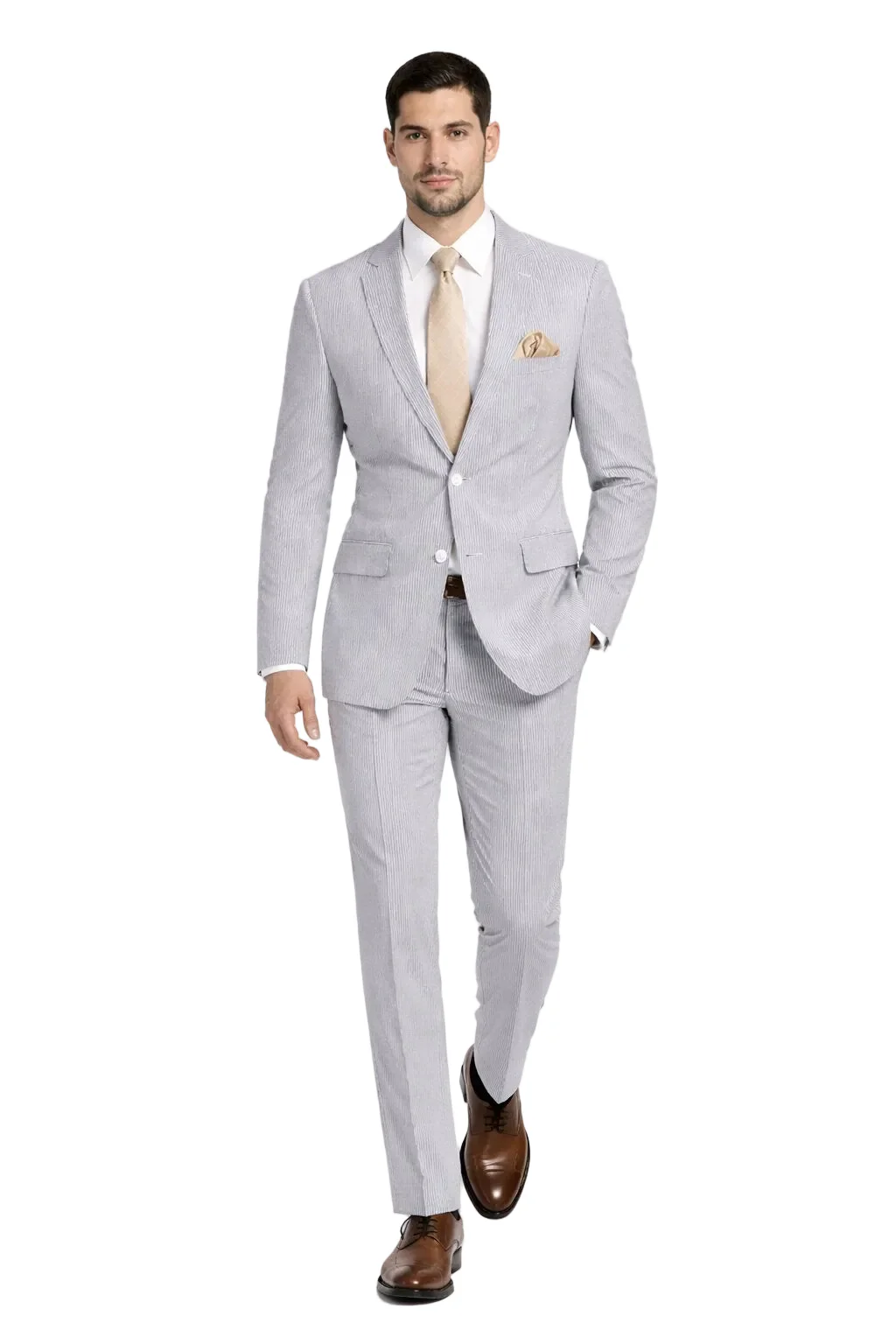Modern Fit Summer 2 Piece 2 Button Suit Striped Seersucker in Navy - Image 29