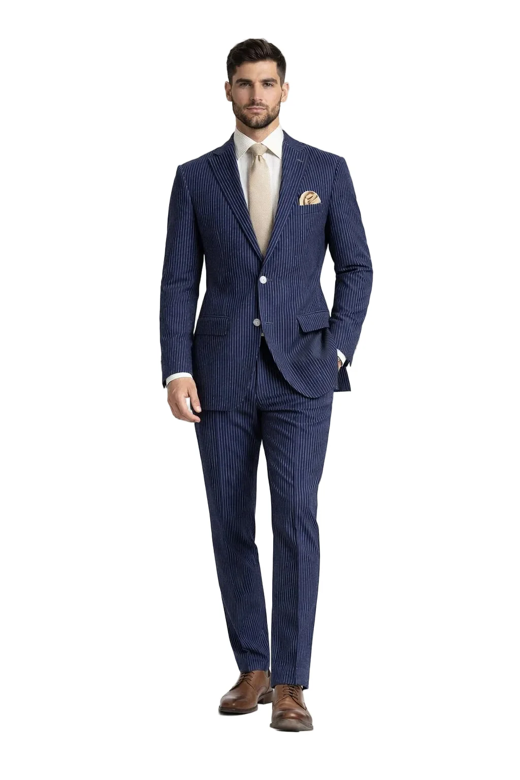 Modern Fit Summer 2 Piece 2 Button Suit Striped Seersucker in Navy - Image 5
