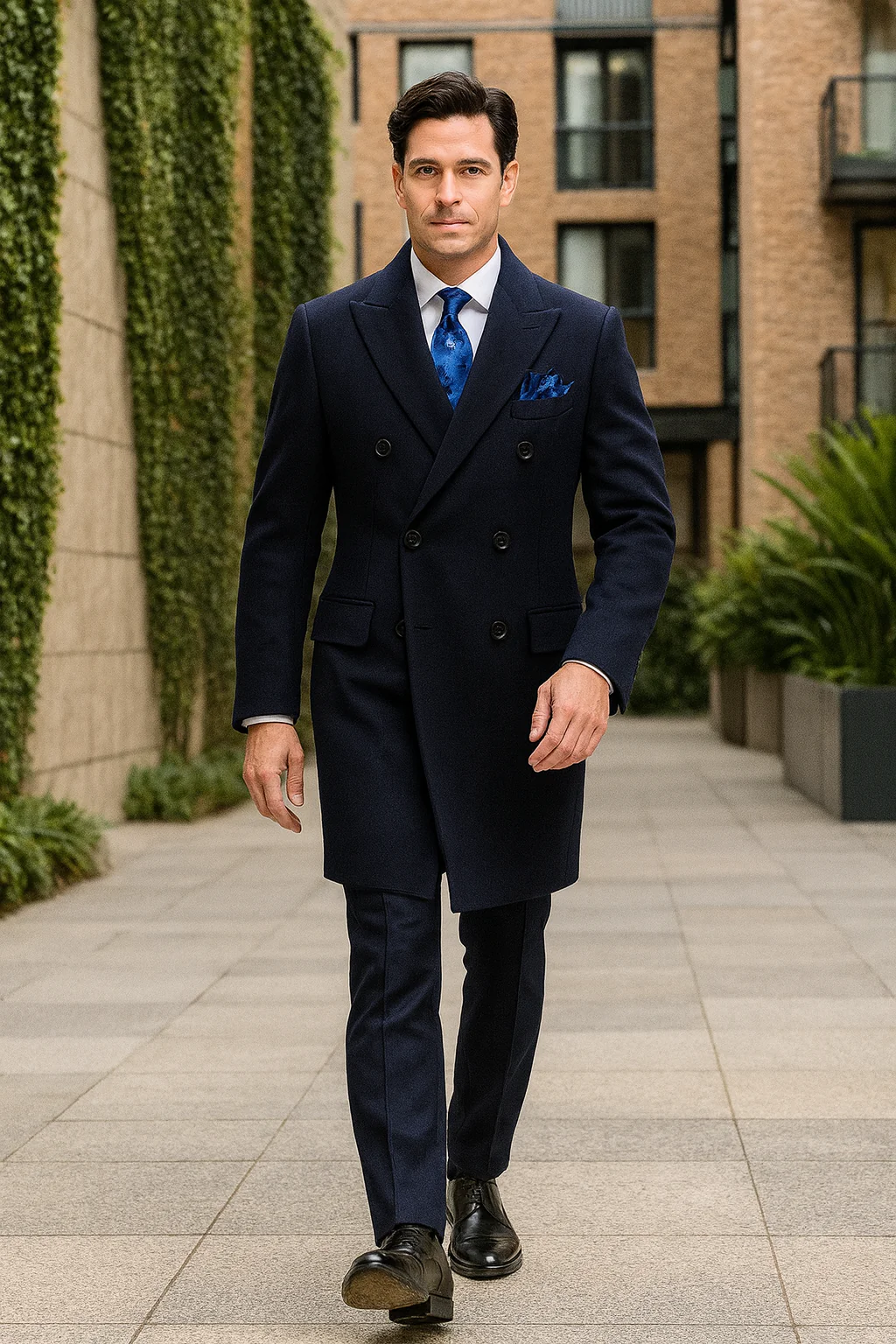 Navy Blue Overcoat - Blue Winter Topcoat - Fabric Double Breasted - Image 3