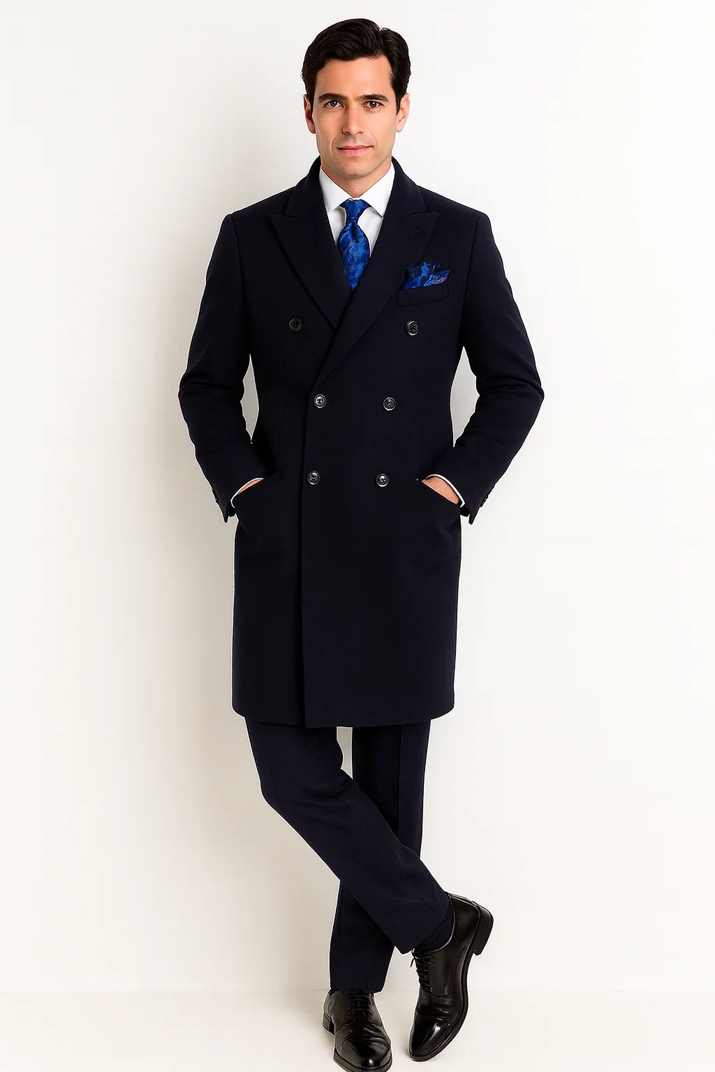 Navy Blue Overcoat - Blue Winter Topcoat - Fabric Double Breasted - Image 6