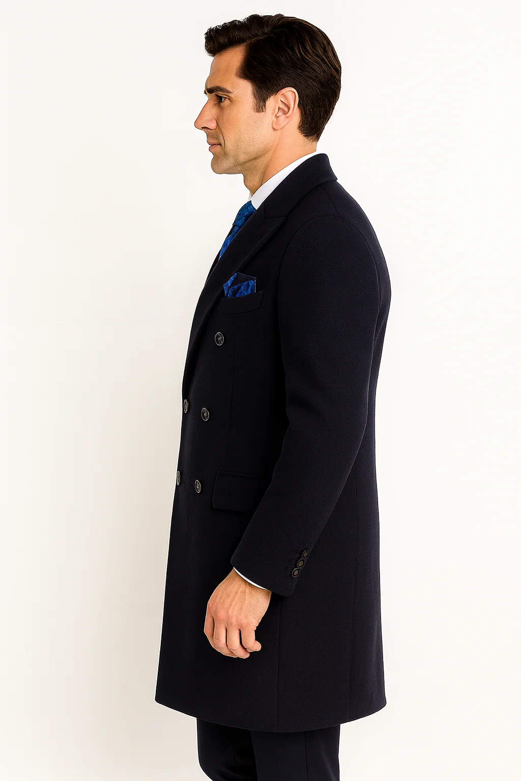 Navy Blue Overcoat - Blue Winter Topcoat - Fabric Double Breasted - Image 7