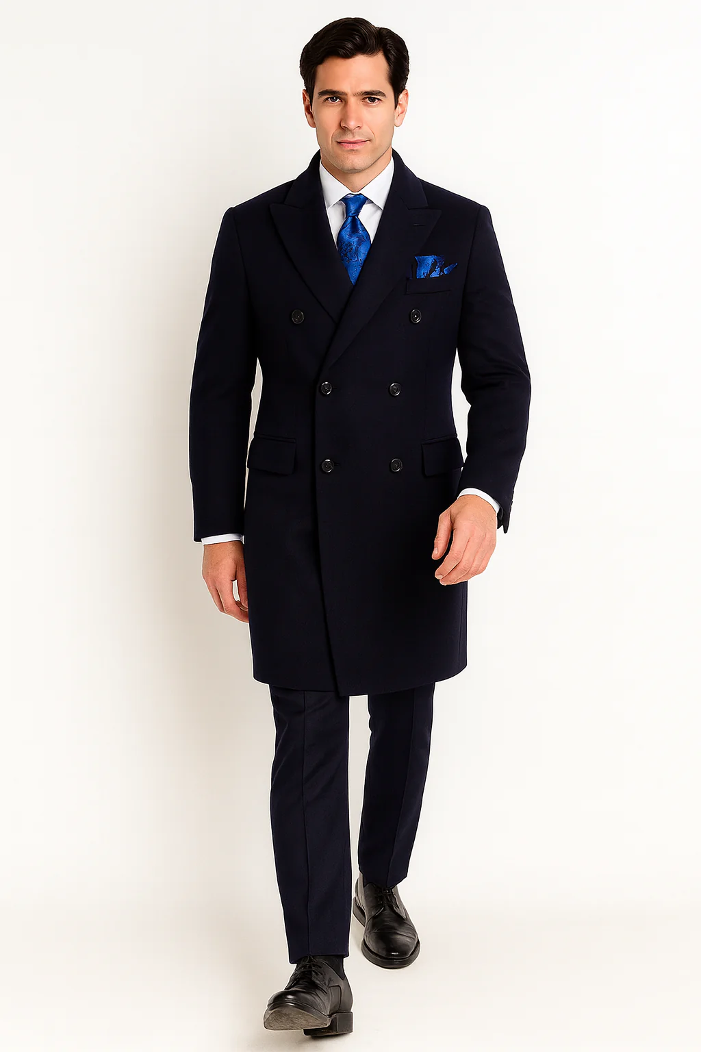 Navy Blue Overcoat - Blue Winter Topcoat - Fabric Double Breasted - Image 8