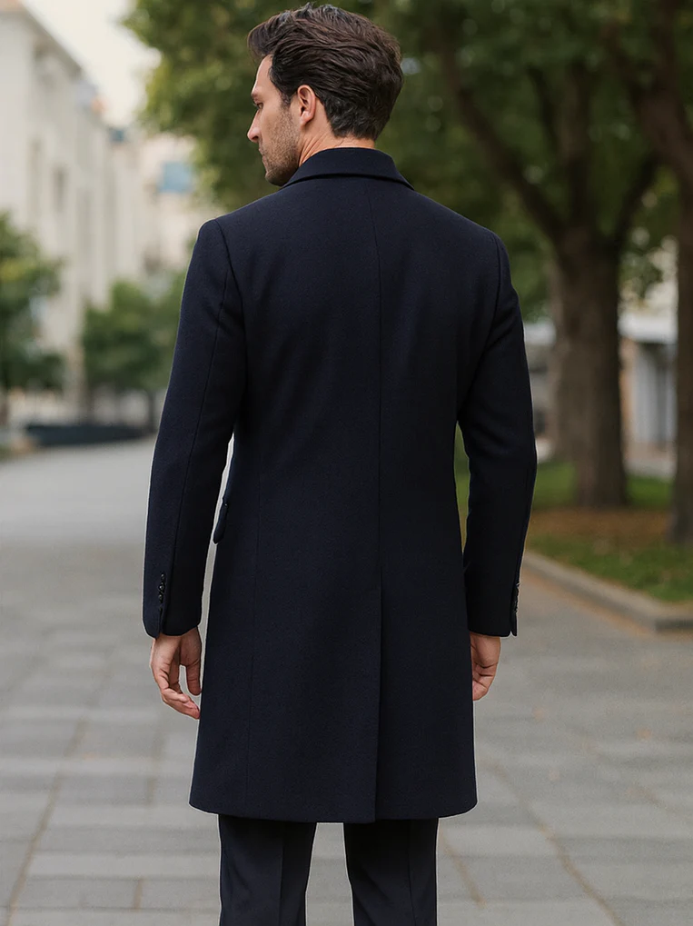 Navy Blue Wool Overcoat – Double Breasted Winter Topcoat for Men - Image 2