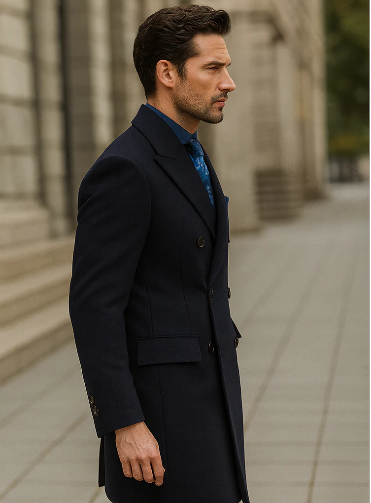 Navy Blue Wool Overcoat – Double Breasted Winter Topcoat for Men - Image 3