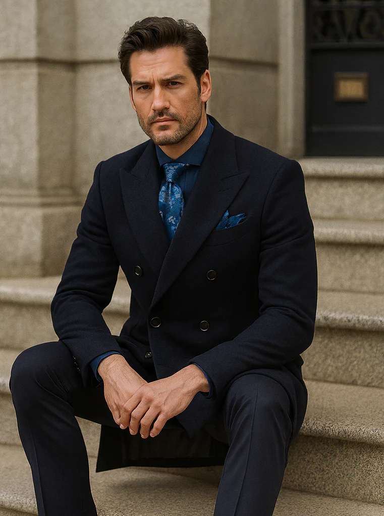 Navy Blue Wool Overcoat – Double Breasted Winter Topcoat for Men - Image 4