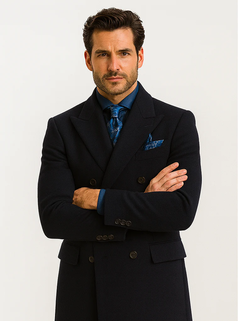 Navy Blue Wool Overcoat – Double Breasted Winter Topcoat for Men - Image 5