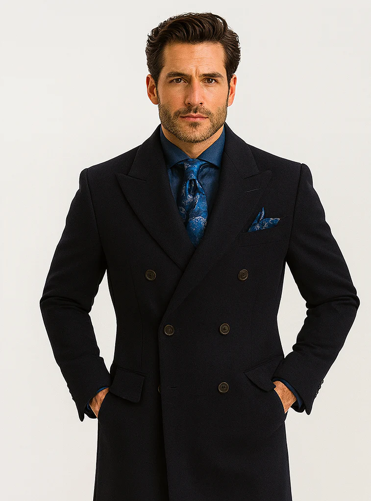 Navy Blue Wool Overcoat – Double Breasted Winter Topcoat for Men - Image 6