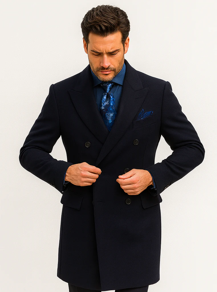 Navy Blue Wool Overcoat – Double Breasted Winter Topcoat for Men - Image 8