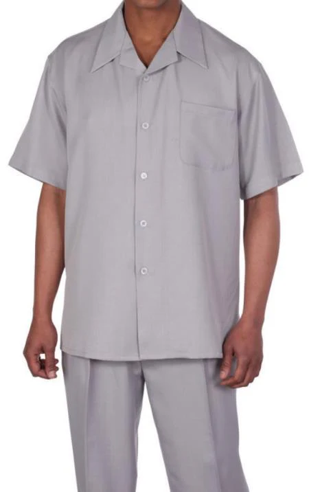 New Mens 2pc Walking Suit Short Sleeve Casual Shirt and Pants Set - Gray
