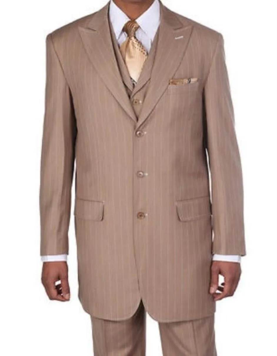 New Men's Peak Lapel Pinstripe Stripe Suit Vested In Tan ~ Beige Pleated Pant - Three Piece Suit