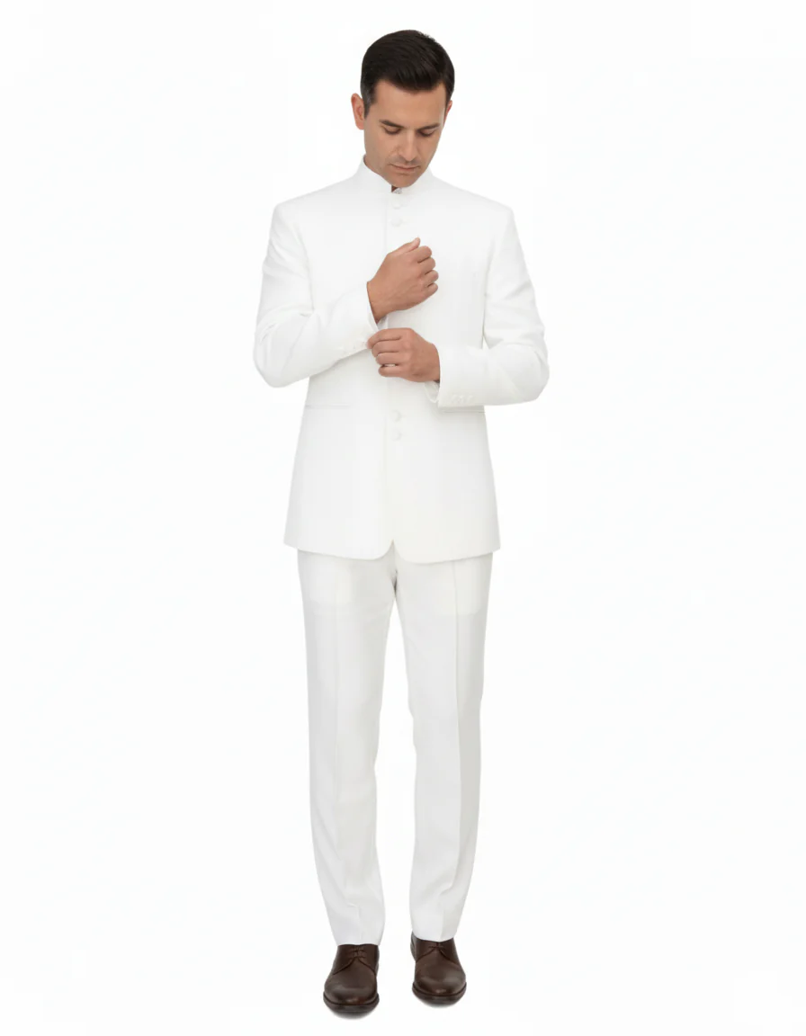 Off White sales Cream Ivory Mandarin Suits For Men - Image 3