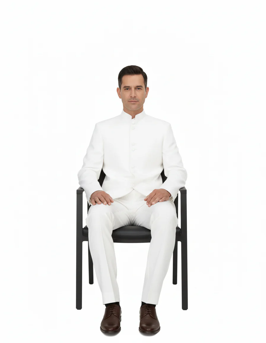 Off White sales Cream Ivory Mandarin Suits For Men - Image 4