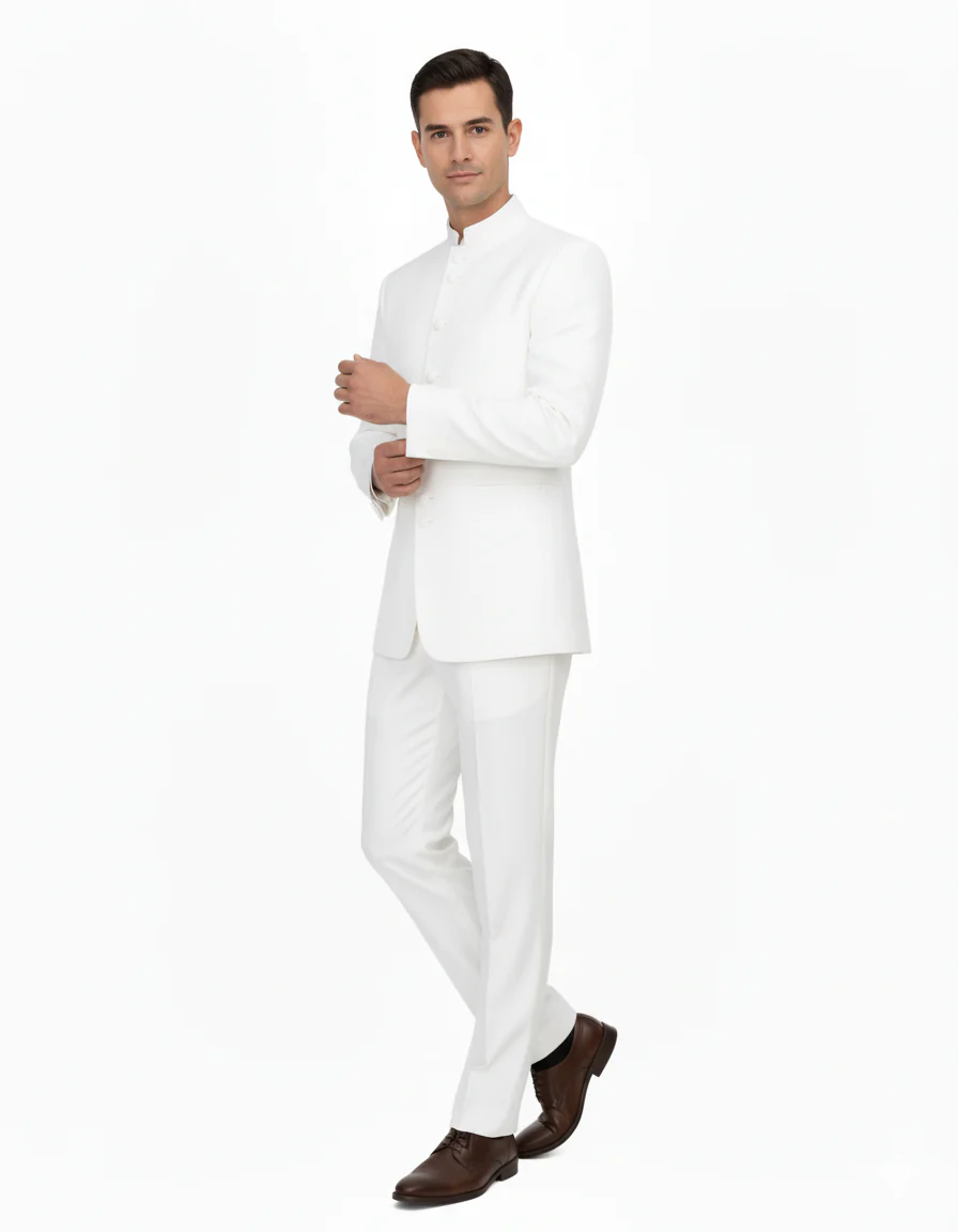 Off White sales Cream Ivory Mandarin Suits For Men - Image 7