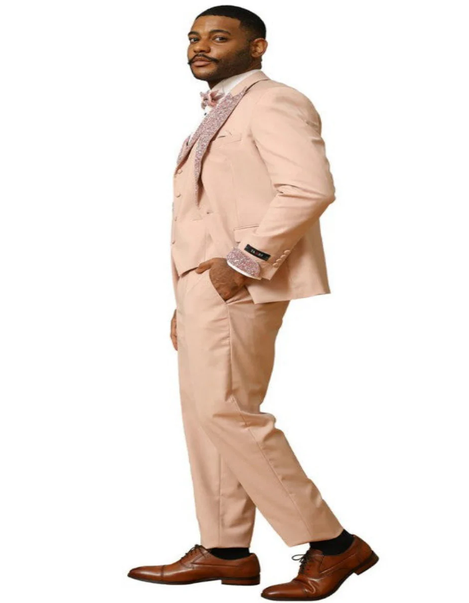 Peach Coral Salmon Prom Tuxedo - Perfect Wedding Suit Vested rhinestone sequin Lapelled - Image 2