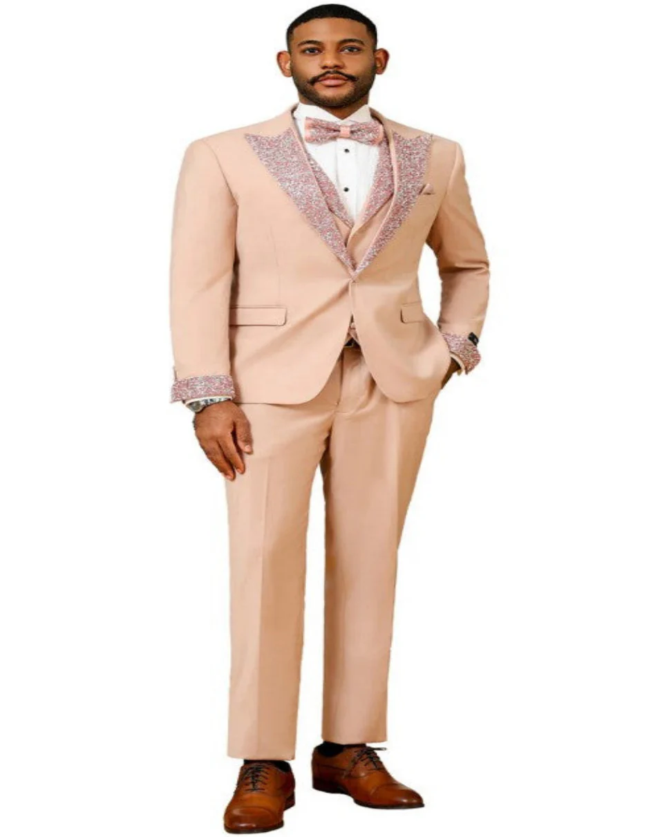 Peach Coral Salmon Prom Tuxedo - Perfect Wedding Suit Vested rhinestone sequin Lapelled - Image 3
