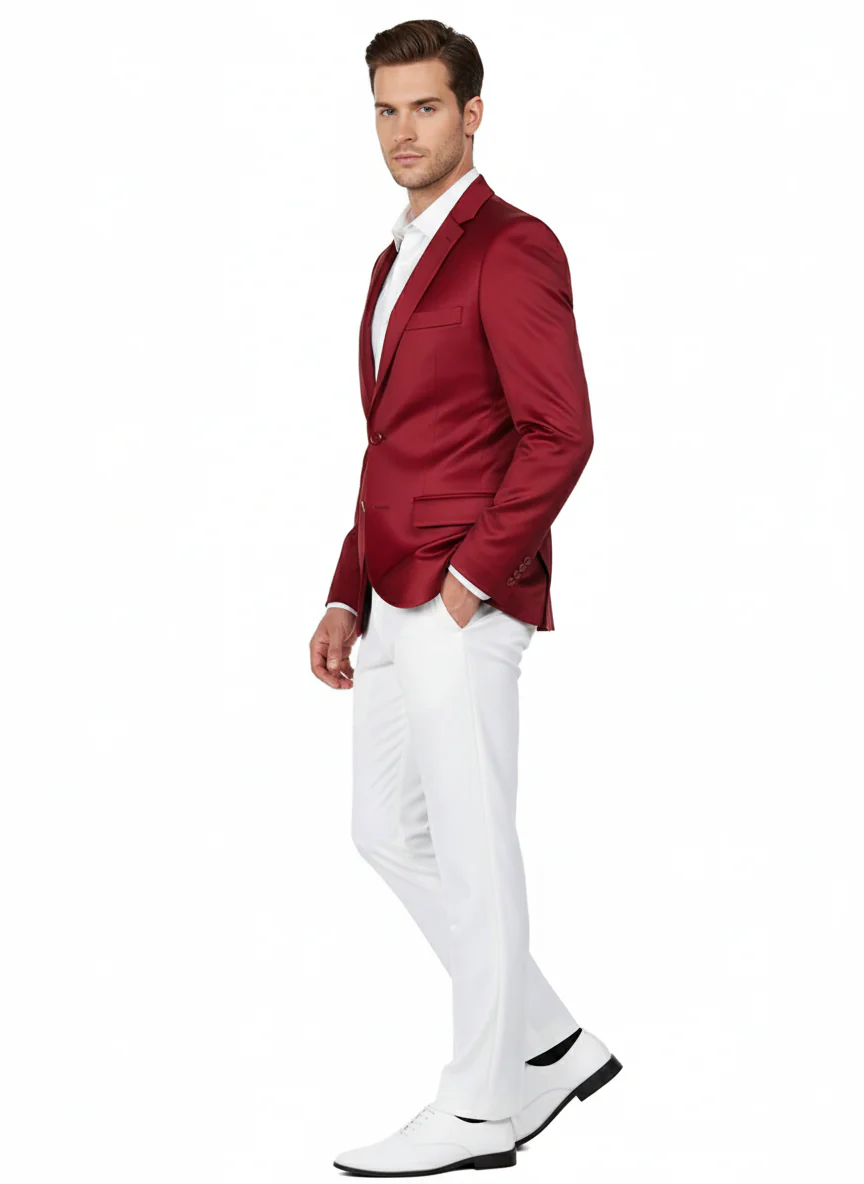 Premium Men's Burgundy Satin Slim Fit Blazer – Elegant Party & Wedding Suit Jacket in Maroon Wine Color - Image 2