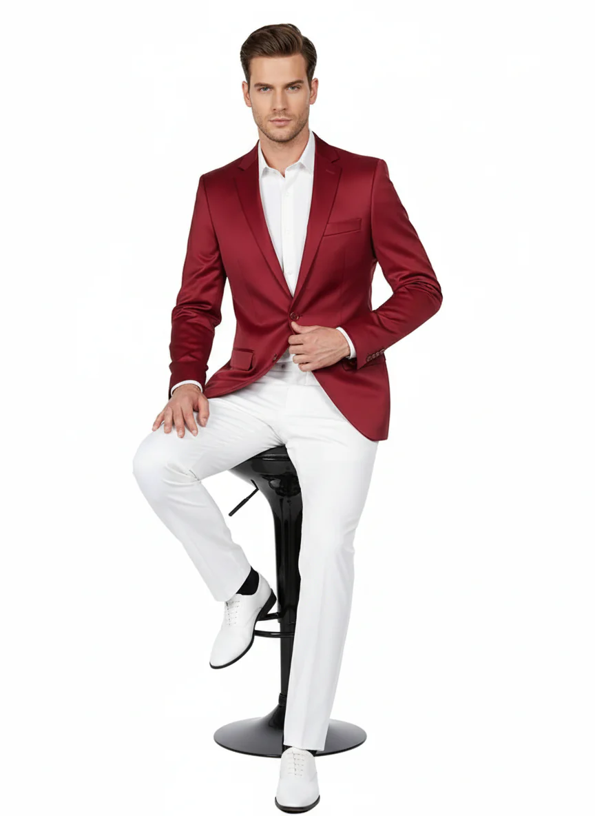 Premium Men's Burgundy Satin Slim Fit Blazer – Elegant Party & Wedding Suit Jacket in Maroon Wine Color - Image 3