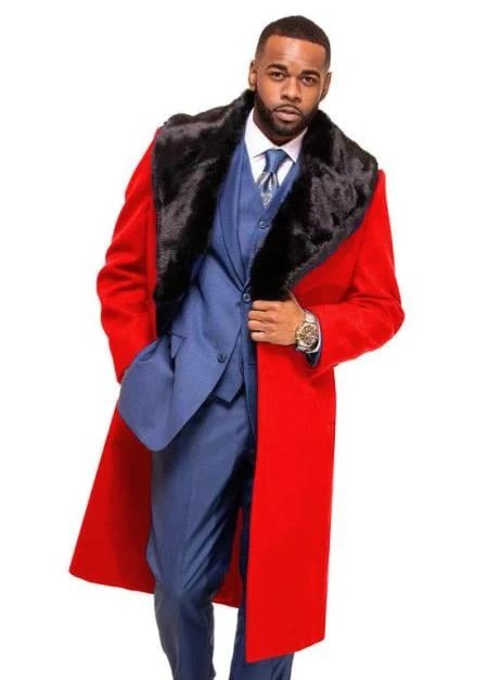Red Overcoat ~ Long Men's Dress Topcoat - Winter Coat With Fur Collar In Fabric