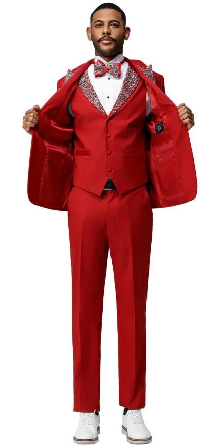 Red Prom Tuxedo - Perfect Wedding Suit Vested Rhinestone Lapelled - Image 10