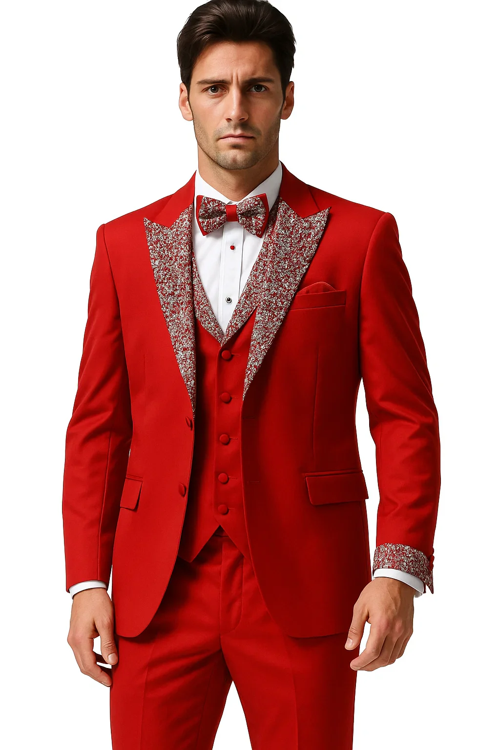 Red Prom Tuxedo - Perfect Wedding Suit Vested Rhinestone Lapelled - Image 2