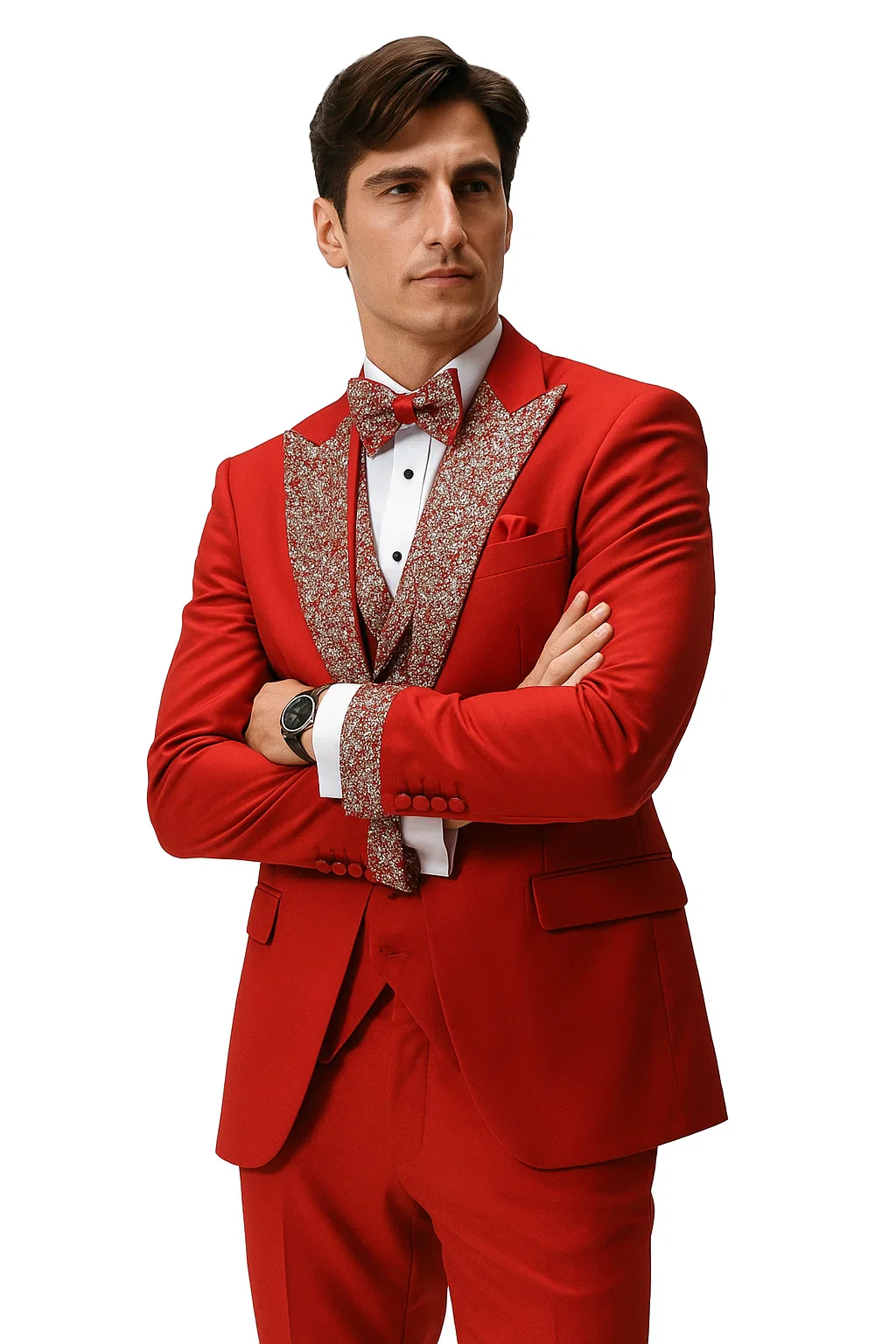 Red Prom Tuxedo - Perfect Wedding Suit Vested Rhinestone Lapelled - Image 3