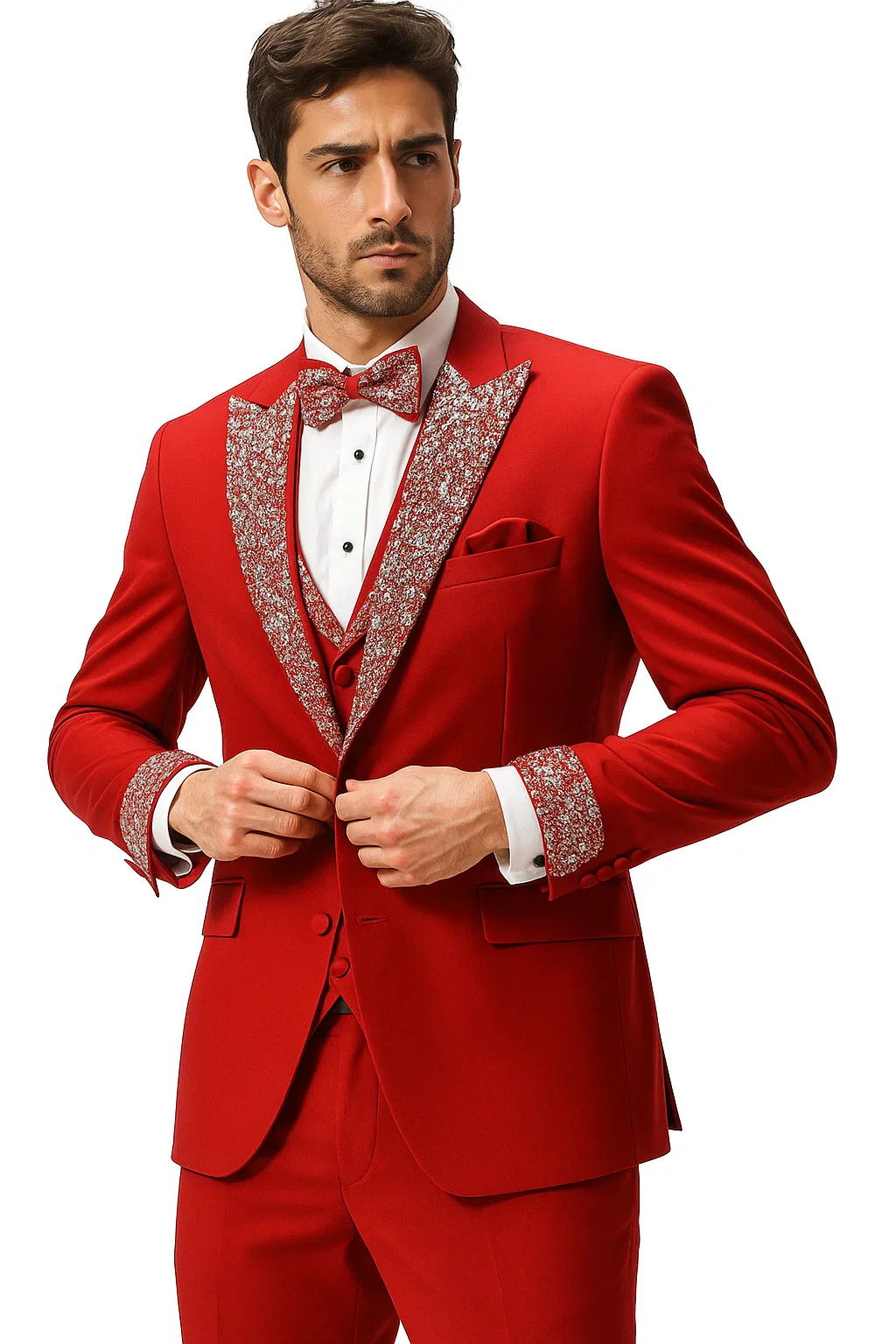Red Prom Tuxedo - Perfect Wedding Suit Vested Rhinestone Lapelled - Image 4