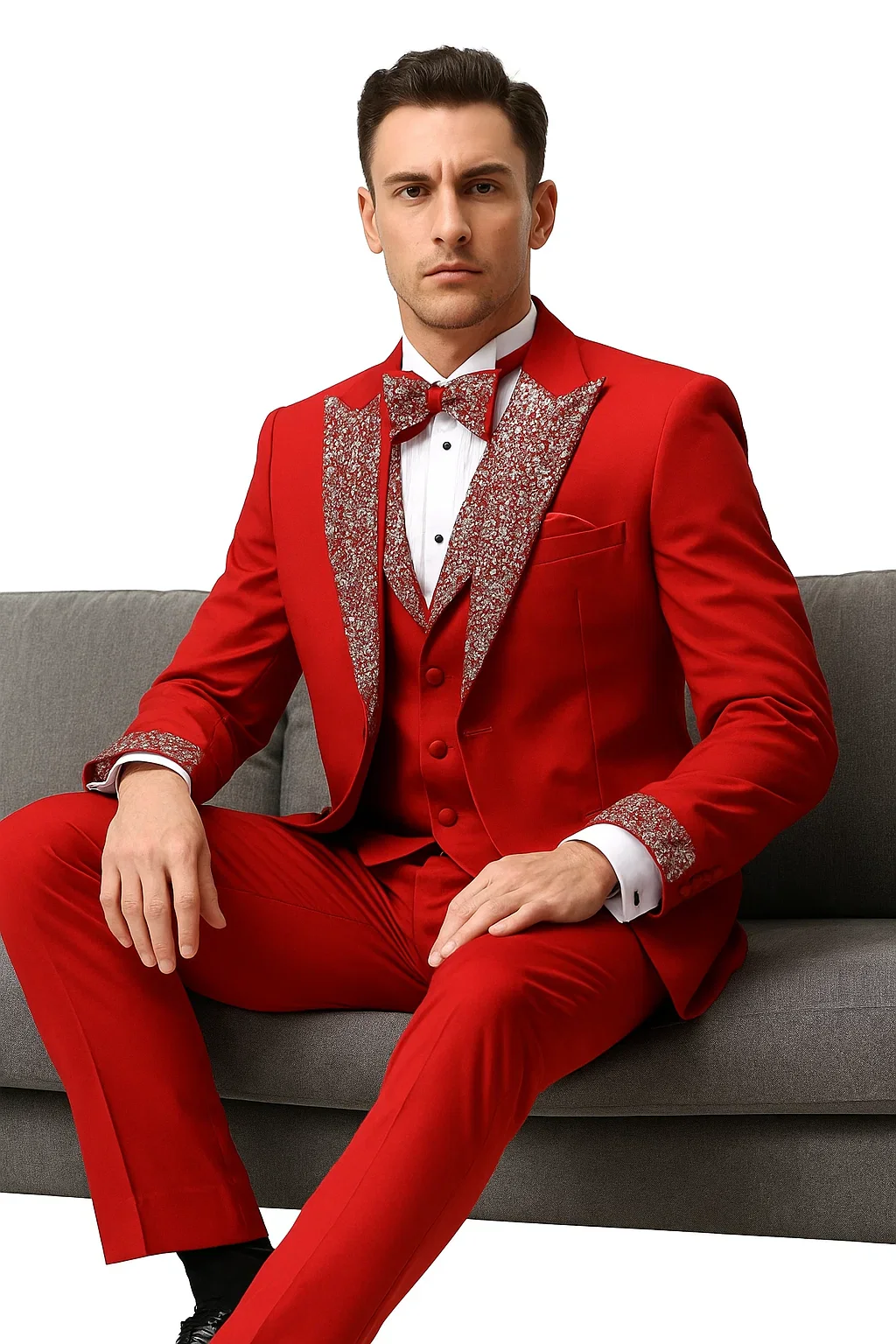 Red Prom Tuxedo - Perfect Wedding Suit Vested Rhinestone Lapelled - Image 6