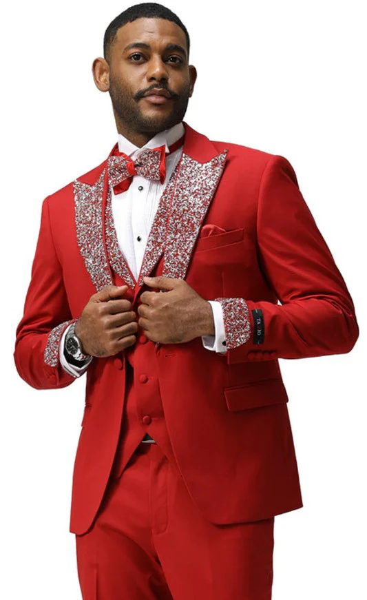 Red Prom Tuxedo - Perfect Wedding Suit Vested Rhinestone Lapelled - Image 8