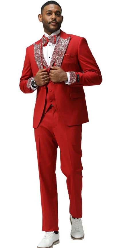 Red Prom Tuxedo - Perfect Wedding Suit Vested Rhinestone Lapelled - Image 9