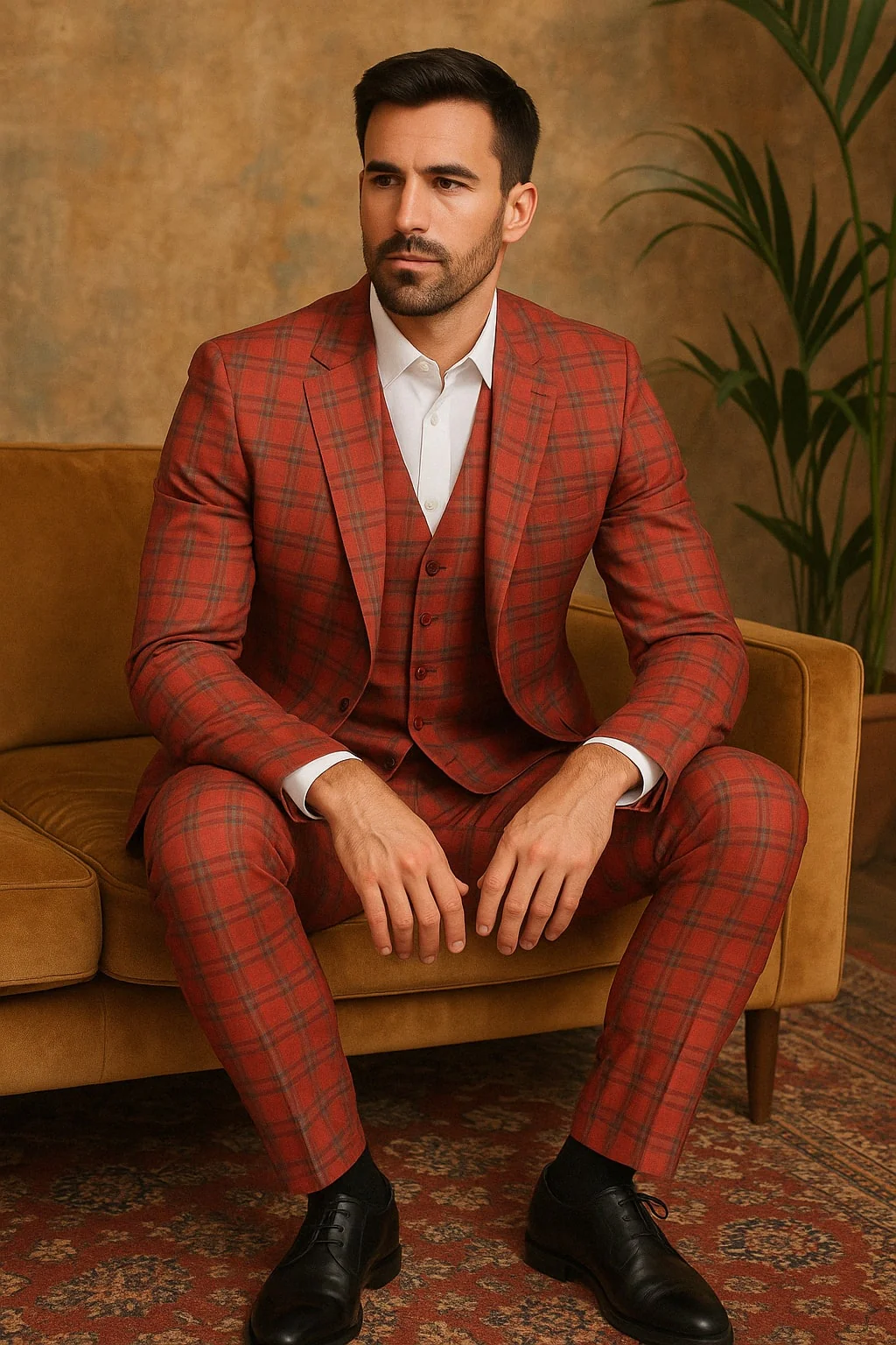 Red Tartan Suit Christmas Party Event - Plaid 3-Piece Slim Fit Suit with Vest - Window pane Pattern - Image 3