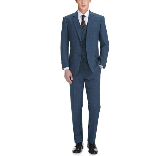 Renoir Clothing - Renoir Suit - Renoir Fashion - Performance 3-piece Classic Fit Blue Windowpane Check Renoir Suit - Image 3