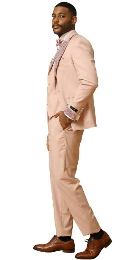 Rose Gold Prom Tuxedo - Perfect Wedding Suit Vested Rhinestone Lapelled - Image 2