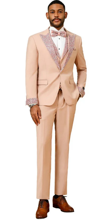 Rose Gold Prom Tuxedo - Perfect Wedding Suit Vested Rhinestone Lapelled - Image 3