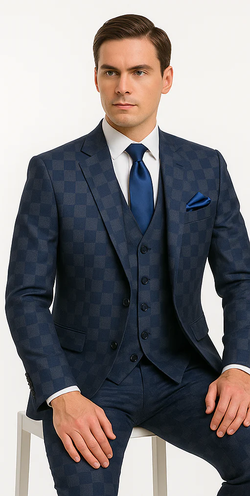 Rossi Man MAX Collection RM1838 – Modern Slim Fit 3-Piece Navy Check Suit for Men - Image 4